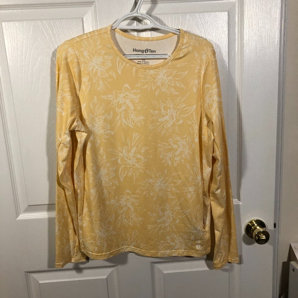 Hang Ten UV protection women yellow flowery print top, Swim Shirt Rash Guard, L